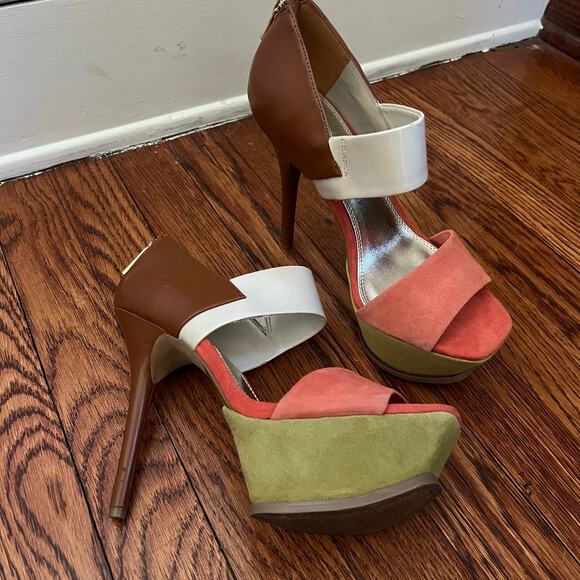 Suede Colorblock Venessa Stiletto Platform Heels Sandals Size 7.5 BackZip Boho - Picture 1 of 16